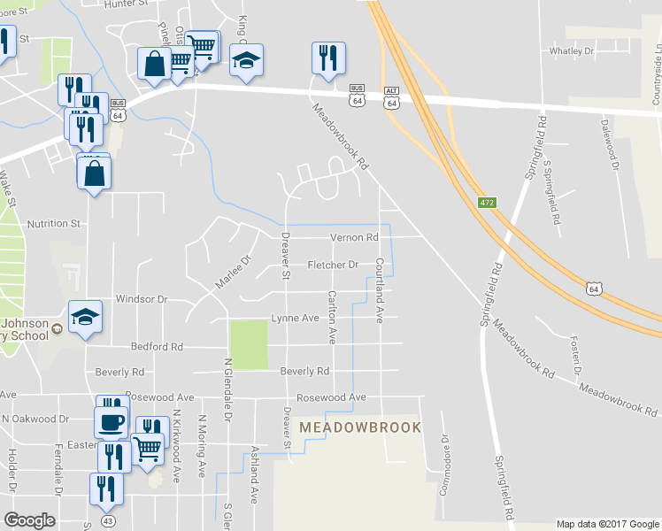 map of restaurants, bars, coffee shops, grocery stores, and more near 1899 Fletcher Drive in Rocky Mount