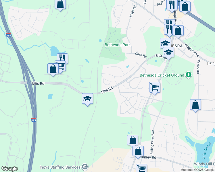 map of restaurants, bars, coffee shops, grocery stores, and more near 2511 Ellis Road in Durham