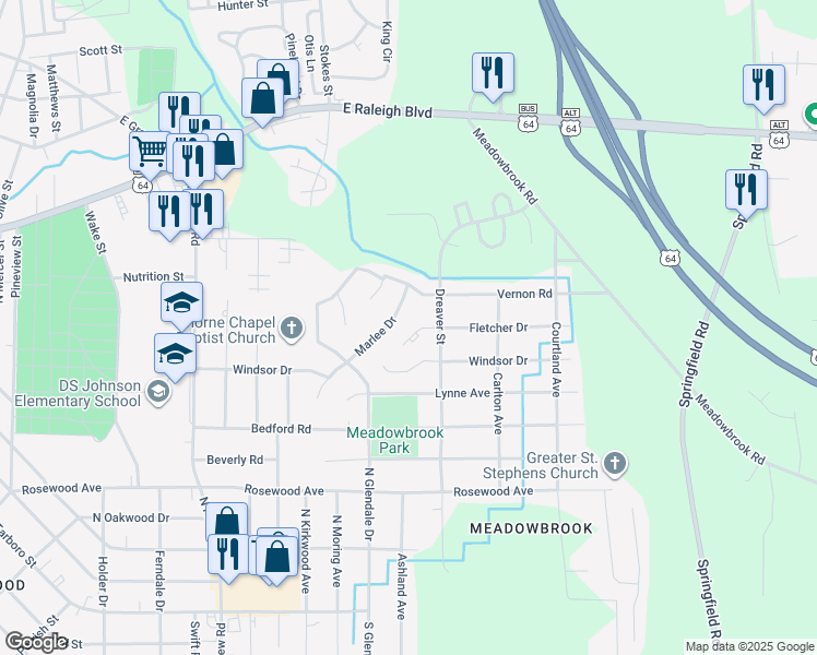 map of restaurants, bars, coffee shops, grocery stores, and more near 1700 Fletcher Drive in Rocky Mount