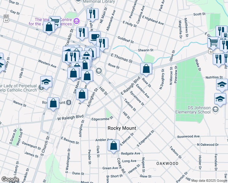 map of restaurants, bars, coffee shops, grocery stores, and more near 416 Hill Street in Rocky Mount