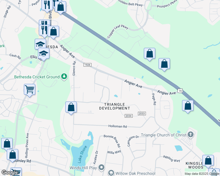 map of restaurants, bars, coffee shops, grocery stores, and more near 4525 Cottendale Drive in Durham