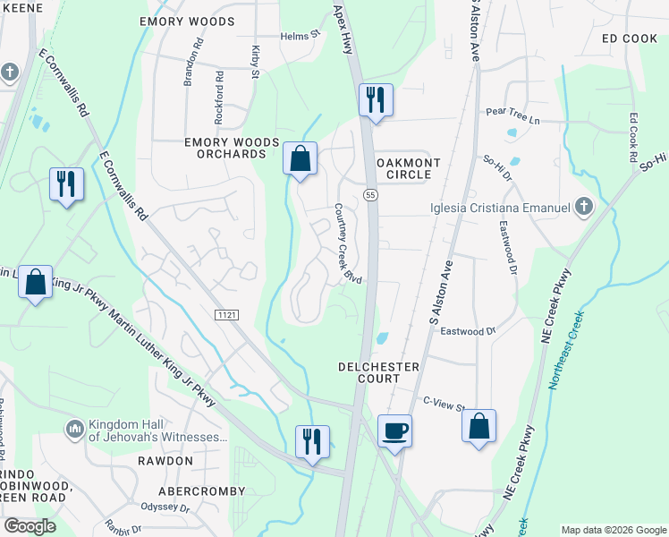 map of restaurants, bars, coffee shops, grocery stores, and more near 2801 Courtney Creek Boulevard in Durham