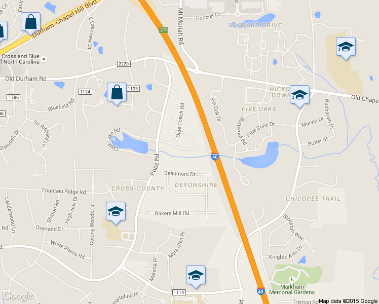map of restaurants, bars, coffee shops, grocery stores, and more near 97 Crystal Oaks Court in Durham