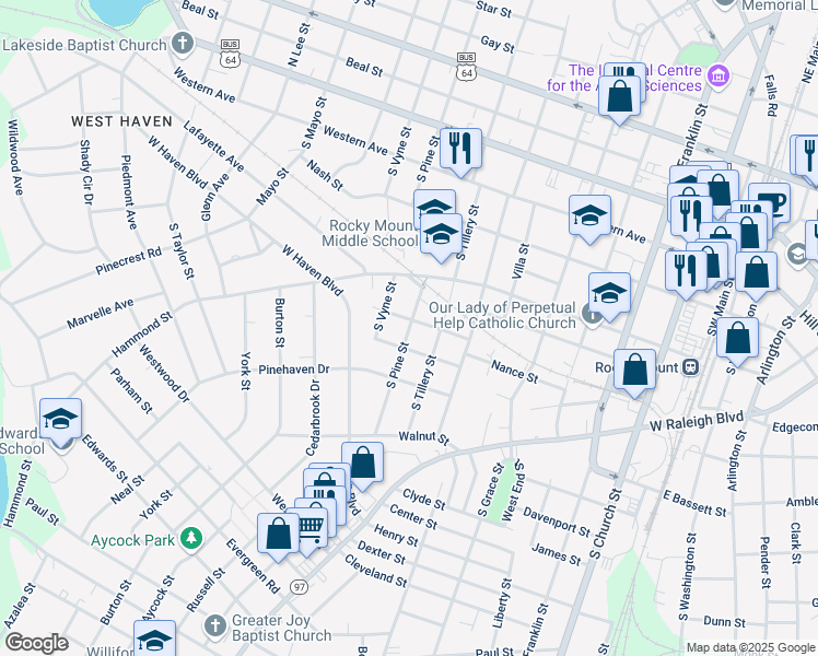 map of restaurants, bars, coffee shops, grocery stores, and more near 605 South Pine Street in Rocky Mount