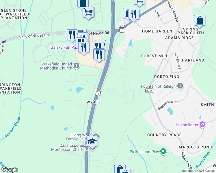 map of restaurants, bars, coffee shops, grocery stores, and more near 10726 Star Road in Wake Forest