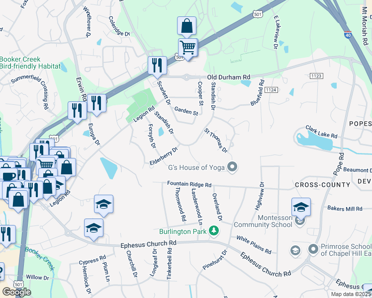 map of restaurants, bars, coffee shops, grocery stores, and more near 104 St Andrews Ln in Chapel Hill