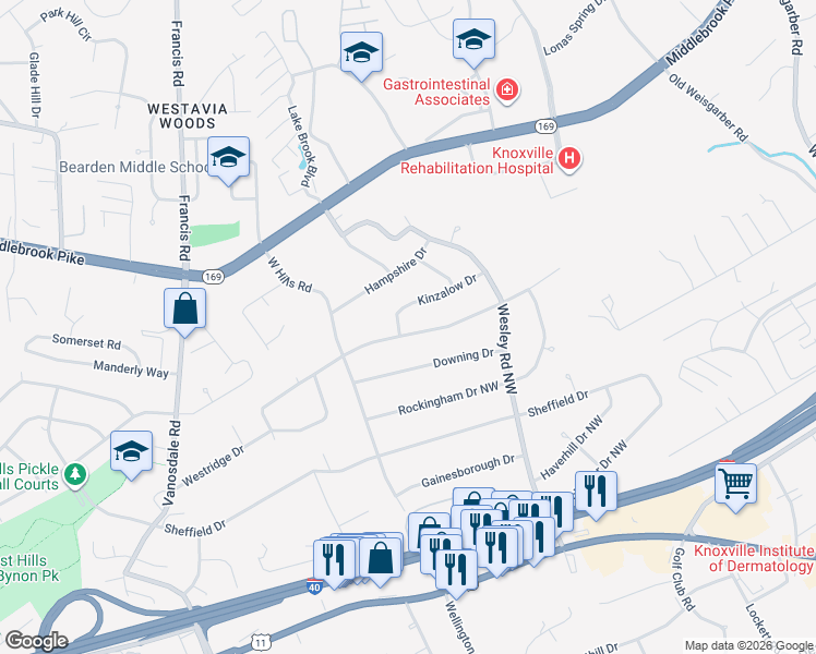 map of restaurants, bars, coffee shops, grocery stores, and more near 7042 Stockton Drive Northwest in Knoxville