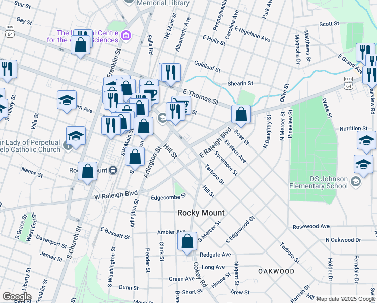 map of restaurants, bars, coffee shops, grocery stores, and more near 416 Hill Street in Rocky Mount