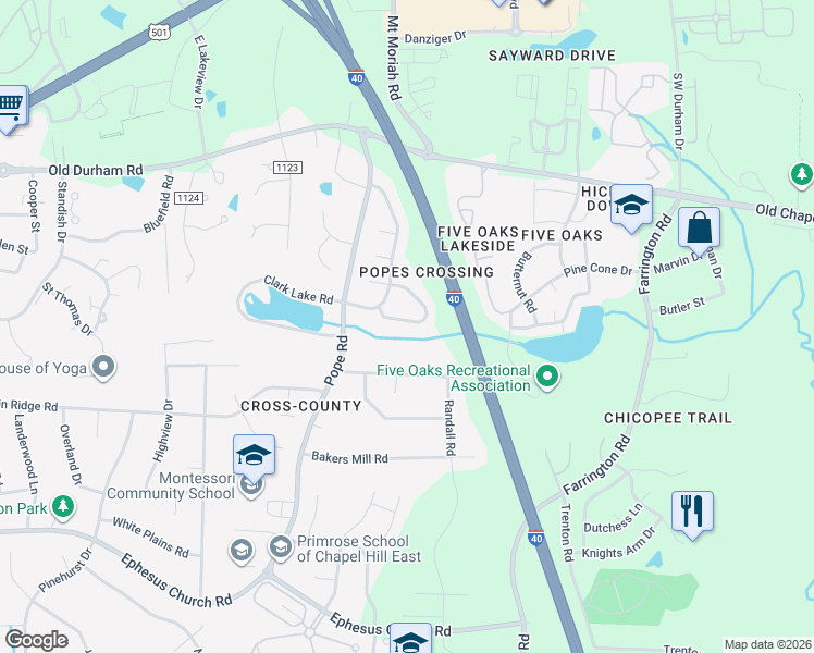 map of restaurants, bars, coffee shops, grocery stores, and more near 99 Crystal Oaks Court in Durham