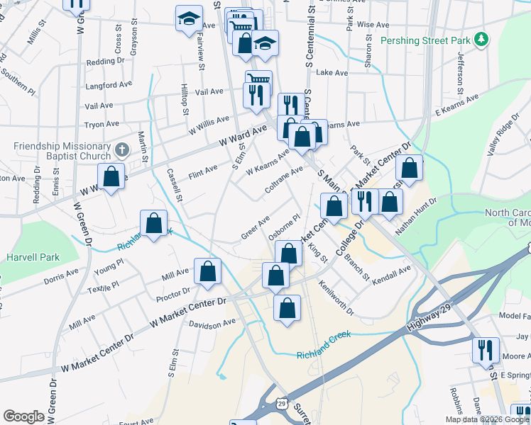 map of restaurants, bars, coffee shops, grocery stores, and more near 323 Greer Avenue in High Point