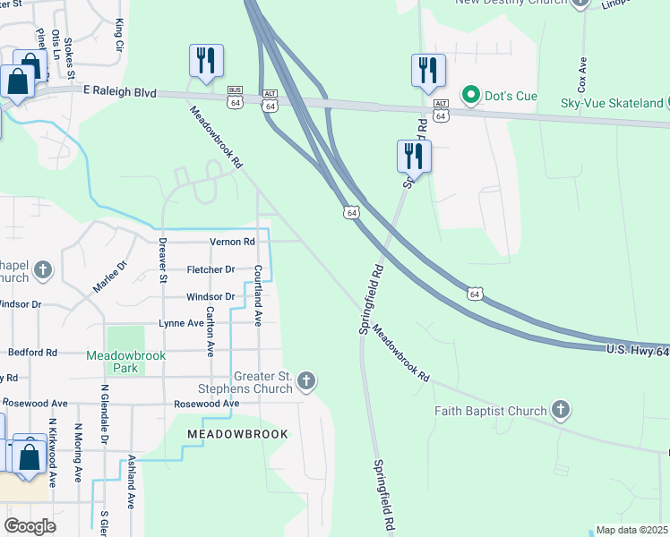 map of restaurants, bars, coffee shops, grocery stores, and more near 2076 Meadowbrook Road in Rocky Mount