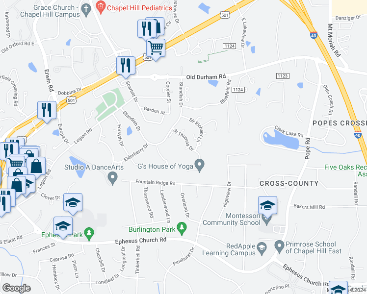 map of restaurants, bars, coffee shops, grocery stores, and more near 102 Bay Colony Court in Chapel Hill