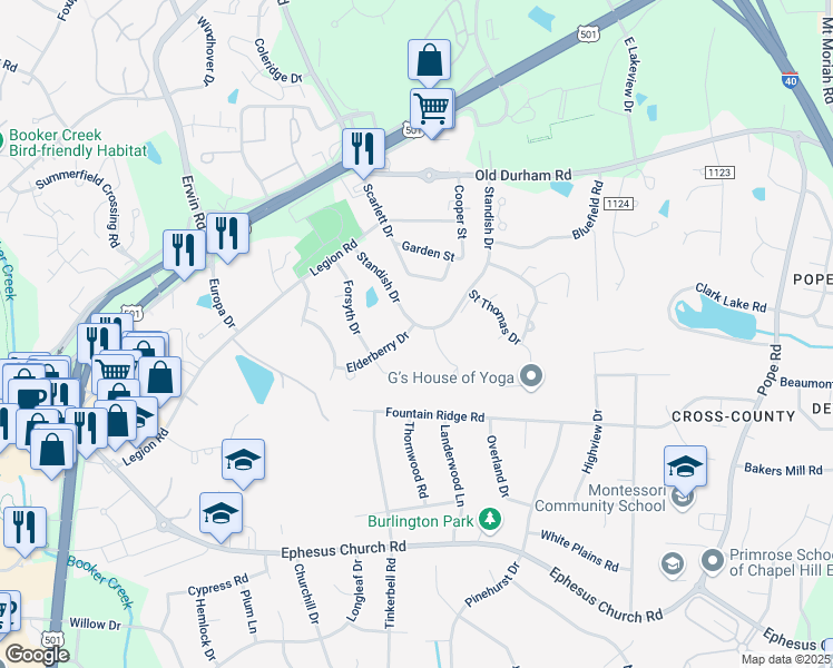 map of restaurants, bars, coffee shops, grocery stores, and more near 116 Saint Andrews Lane in Chapel Hill