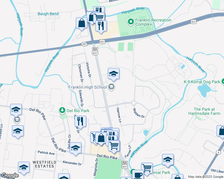 map of restaurants, bars, coffee shops, grocery stores, and more near 810 Hillsboro Road in Franklin