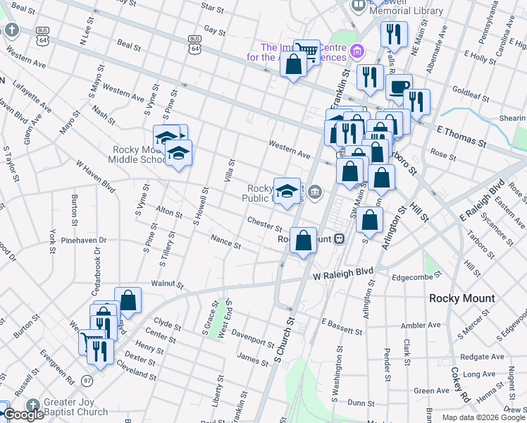 map of restaurants, bars, coffee shops, grocery stores, and more near 334 S Pearl St in Rocky Mt