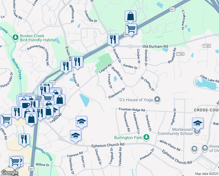 map of restaurants, bars, coffee shops, grocery stores, and more near 125 Forsyth Drive in Chapel Hill