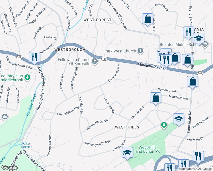 map of restaurants, bars, coffee shops, grocery stores, and more near 721 Broome Road Northwest in Knoxville