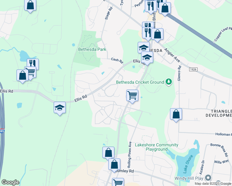 map of restaurants, bars, coffee shops, grocery stores, and more near 125 Hidden Springs Drive in Durham