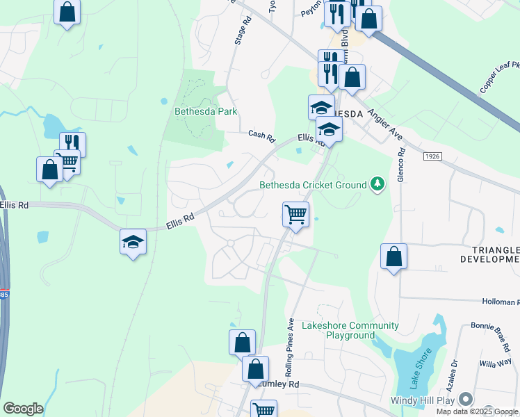 map of restaurants, bars, coffee shops, grocery stores, and more near 125 Hidden Springs Drive in Durham