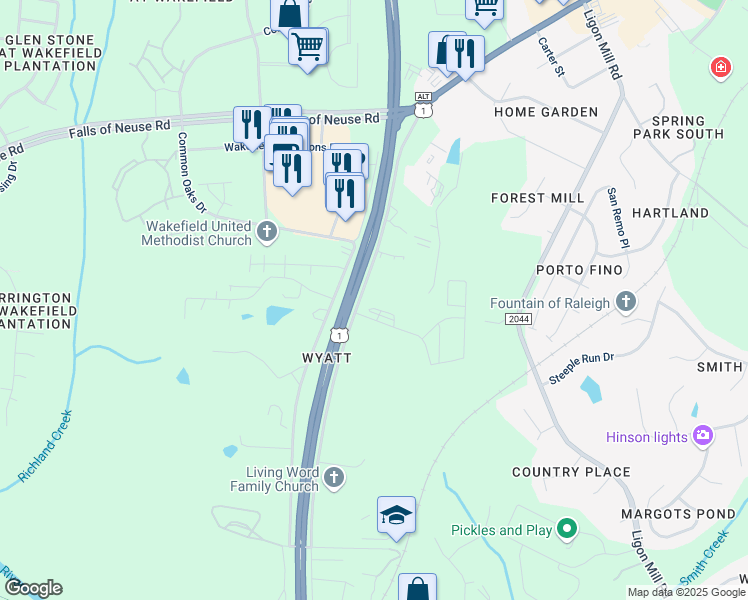 map of restaurants, bars, coffee shops, grocery stores, and more near 10726 Star Road in Wake Forest