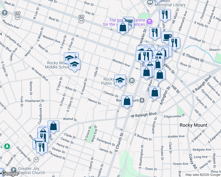map of restaurants, bars, coffee shops, grocery stores, and more near 334 S Pearl St in Rocky Mt