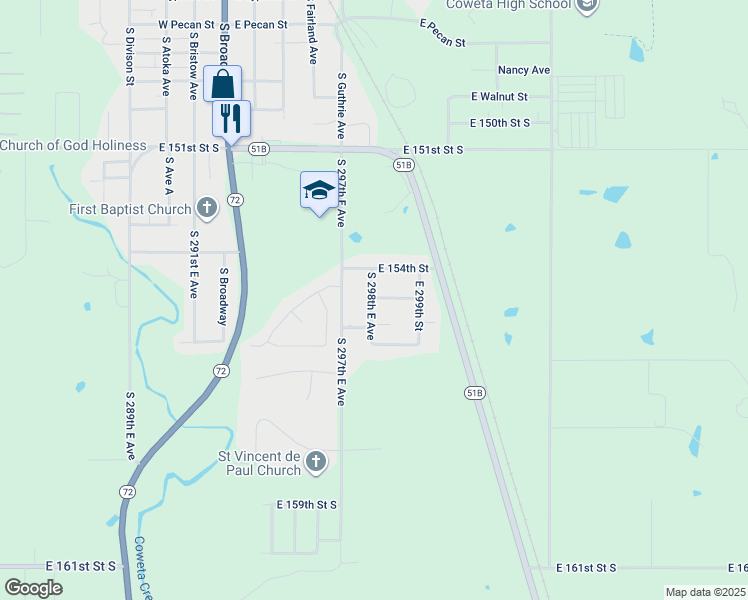 map of restaurants, bars, coffee shops, grocery stores, and more near 15438 South 298th East Avenue in Coweta
