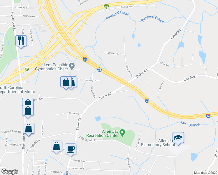 map of restaurants, bars, coffee shops, grocery stores, and more near 1325 Baker Road in High Point