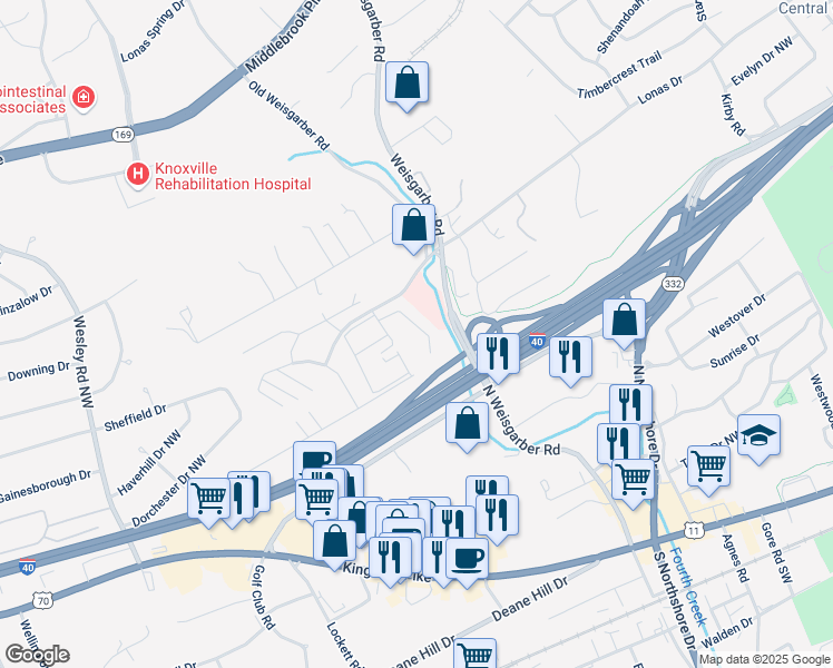 map of restaurants, bars, coffee shops, grocery stores, and more near 820 Londontown Way in Knoxville