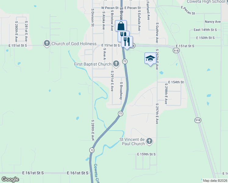 map of restaurants, bars, coffee shops, grocery stores, and more near 15464 South 291st East Avenue in Coweta
