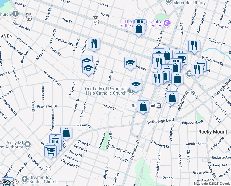 map of restaurants, bars, coffee shops, grocery stores, and more near 412 South Grace Street in Rocky Mount