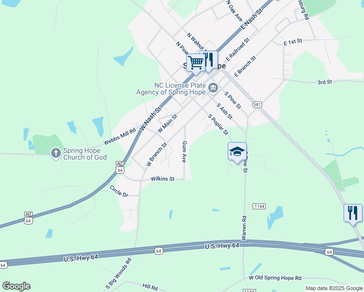 map of restaurants, bars, coffee shops, grocery stores, and more near 222 Gum Avenue in Spring Hope