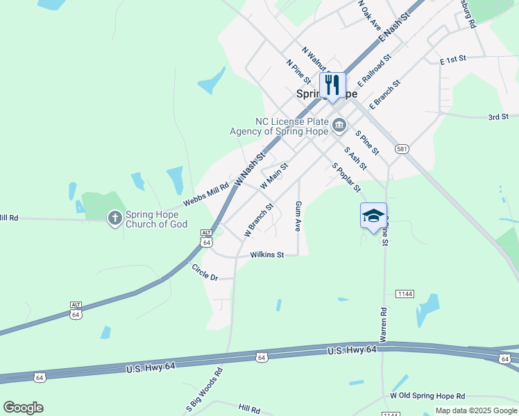 map of restaurants, bars, coffee shops, grocery stores, and more near 508 West Branch Street in Spring Hope