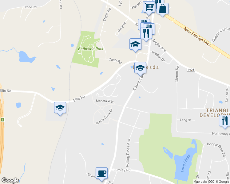 map of restaurants, bars, coffee shops, grocery stores, and more near 121 Hidden Springs Drive in Durham