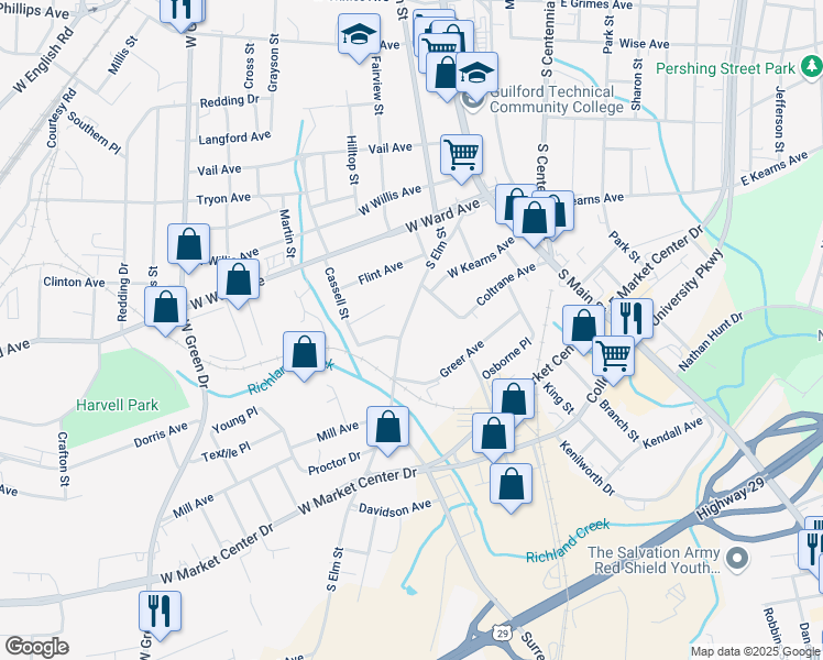 map of restaurants, bars, coffee shops, grocery stores, and more near 1208 South Elm Street in High Point