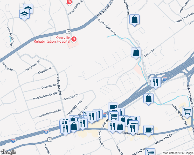 map of restaurants, bars, coffee shops, grocery stores, and more near 6622 Ridgerock Lane in Knoxville