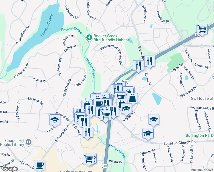 map of restaurants, bars, coffee shops, grocery stores, and more near 600 Dobbins Drive in Chapel Hill