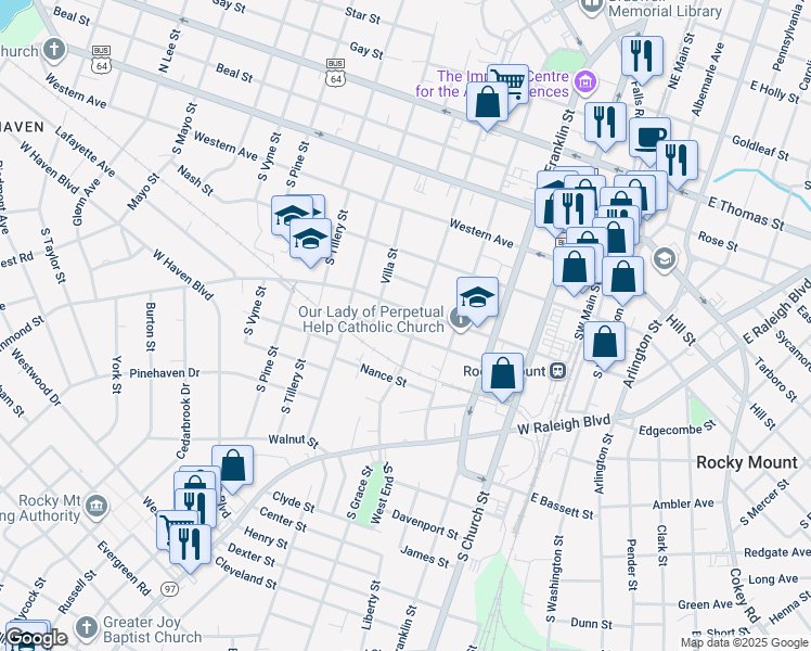 map of restaurants, bars, coffee shops, grocery stores, and more near 412 South Grace Street in Rocky Mount