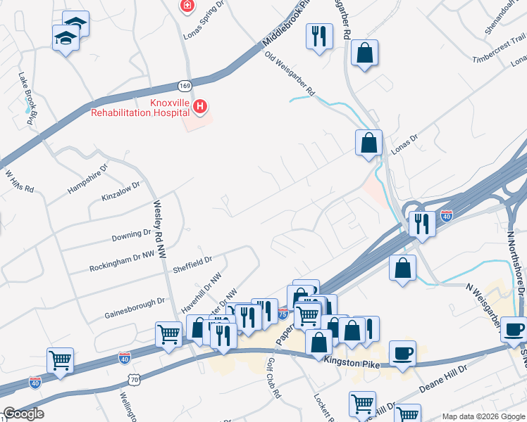 map of restaurants, bars, coffee shops, grocery stores, and more near 6622 Ridgerock Lane in Knoxville