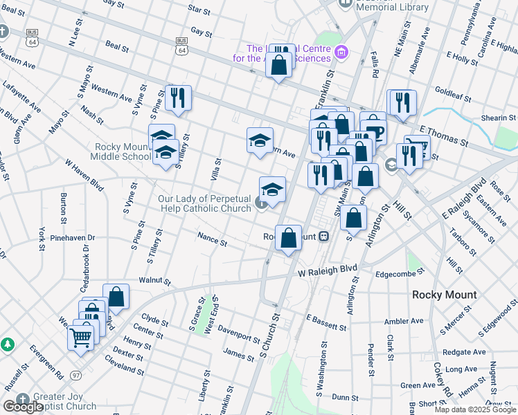 map of restaurants, bars, coffee shops, grocery stores, and more near South Pearl Street in Rocky Mount