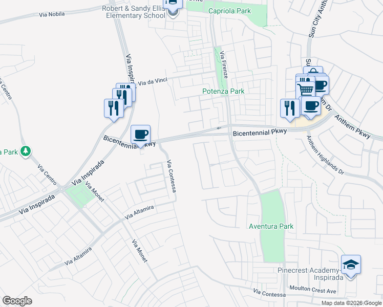 map of restaurants, bars, coffee shops, grocery stores, and more near 2433 Cingoli Street in Henderson