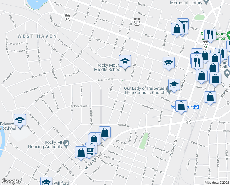 map of restaurants, bars, coffee shops, grocery stores, and more near 927 Alton Street in Rocky Mount