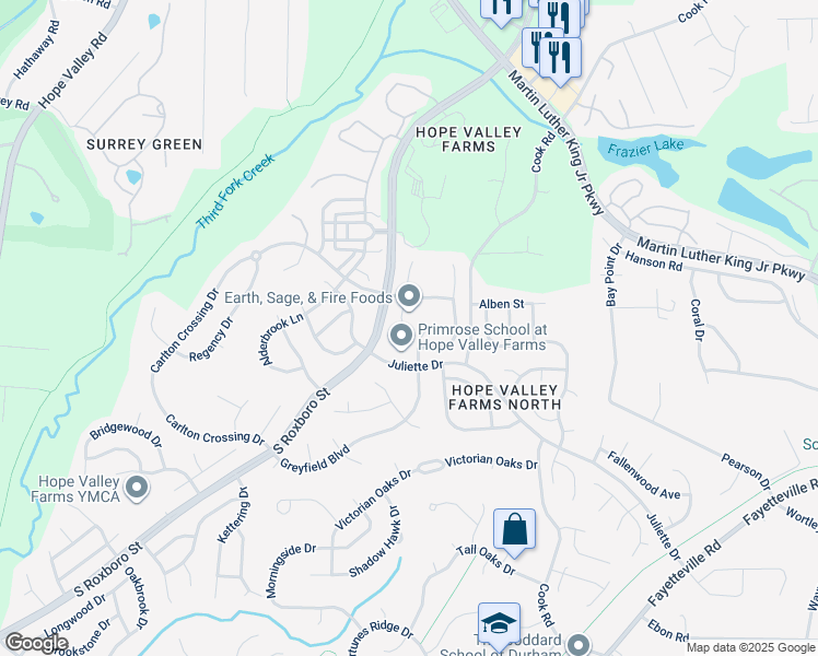 map of restaurants, bars, coffee shops, grocery stores, and more near 4511 Nightfall Court in Durham