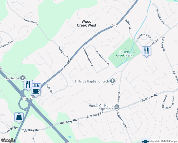 map of restaurants, bars, coffee shops, grocery stores, and more near Silver Spur Lane in Knoxville