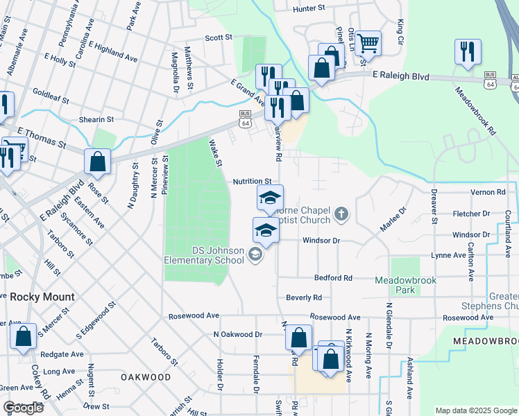 map of restaurants, bars, coffee shops, grocery stores, and more near 720 North Fairview Road in Rocky Mount