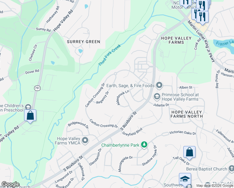 map of restaurants, bars, coffee shops, grocery stores, and more near 4904 Linden Oaks Avenue in Durham