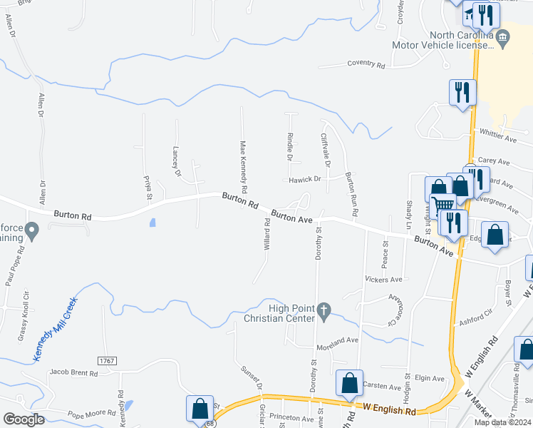 map of restaurants, bars, coffee shops, grocery stores, and more near 1407 Burton Road in Thomasville