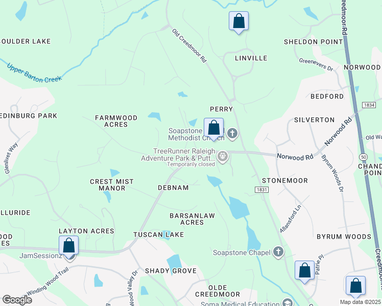 map of restaurants, bars, coffee shops, grocery stores, and more near 12717 Norwood Road in Raleigh