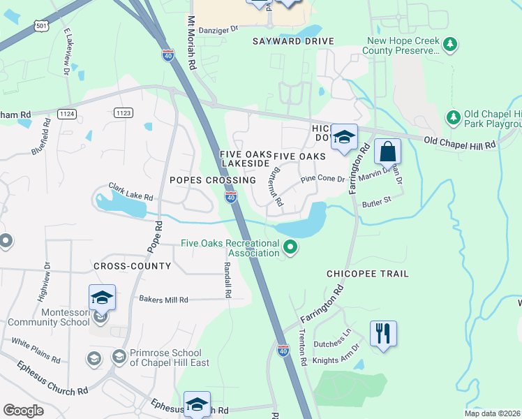 map of restaurants, bars, coffee shops, grocery stores, and more near 5034 Butternut Road in Durham