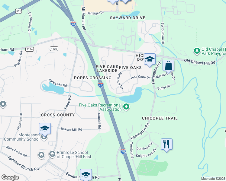 map of restaurants, bars, coffee shops, grocery stores, and more near 5034 Butternut Road in Durham