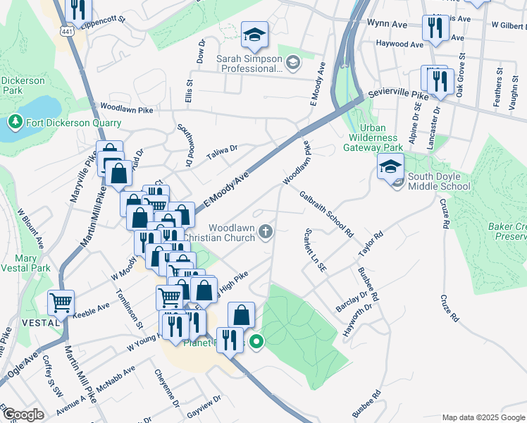map of restaurants, bars, coffee shops, grocery stores, and more near 4123 Woodlawn Pike in Knoxville